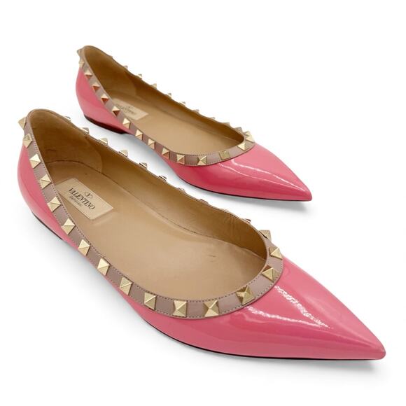 Valentino Garavani Rockstud Ballet Flat Shoes Pink Patent Leather Size 40 US 10 - Picture 1 of 15